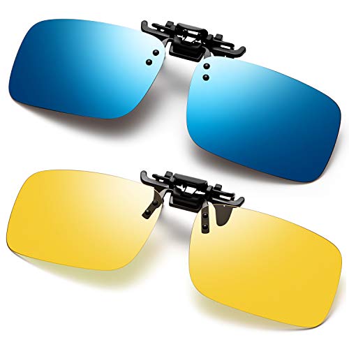 Polarized Flip Up Clip-on Sunglasses Anti-Glare UV 400 Lens Fishing Driving Sunglasses Fit Over Prescription Glasses (Blue + Night Yellow)