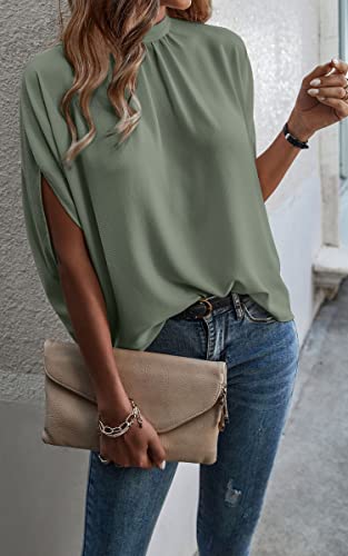 Angashion Womens Tops, Short Sleeve Casual Summer Top Solid Color Self Tie Loose Fit Drape Tunic Blouses Shirts #Grey Green Large #TOP7