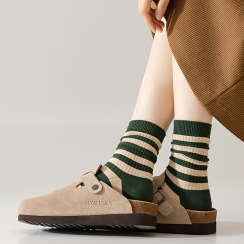 Image of Womens Striped Crew Socks, Cute Vintage Retro Mid Calf Boot Socks for Women Ladies 5 /6 Pairs, Size 5-10
