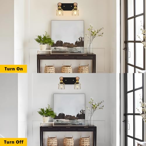 Image of FadimiKoo Rustic Style Wood Bathroom Wall Sconces, 2-Light Black Gold Bathroom Vanity Light Fixtures with Metal Shade, Light Fixtures Wall Mount for Living Room, Hallway, Dressing Table