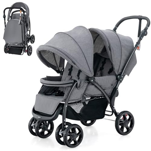 FANTASK Cochecito gemelo plegable con respaldo ajustable y capota, para bebés a partir de 6 meses, soporta 30 kg (gris)