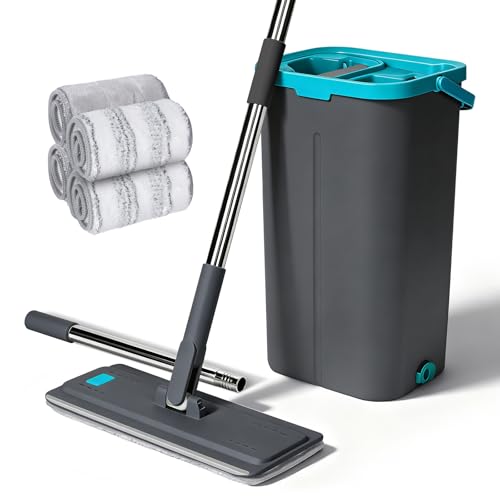 Balai Serpillère Microfibre, Masthome Serpillère Seau Essoreur avec 4 Tampons Réutilisables, Serpillère de Nettoyage pour Sols et Seau Essoreur Convient...