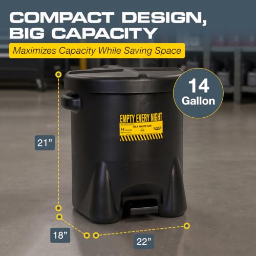 Image of Eagle Oily Waste Can, Self-Closing Lid, 14 Gallon, Made in the USA, Black