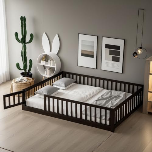 Image of PVWIIK Queen Size Montessori Floor Bed Frame with Convertible Door & Wood Slats for Kids,Wood Montessori Bed with Safety Guardrails for Girls & Boys,Espresso