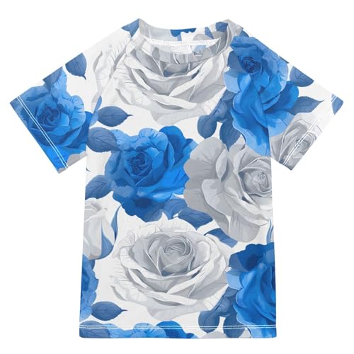 ALAZA Kids Rash Guard Girls Toddler Swim Shirts Short Sleeve Blue White Roses UPF 50+ 3T