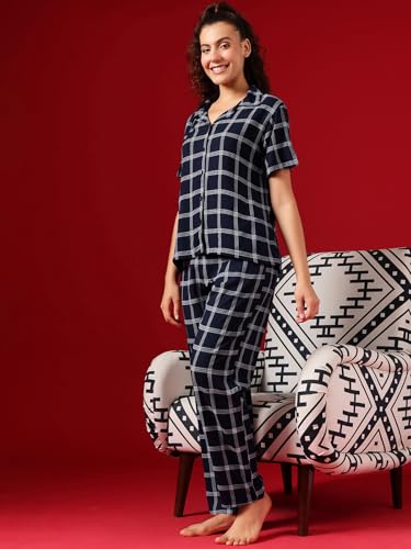 Image of Clovia Women's Cotton Classy Checks Shirt & Pyjama