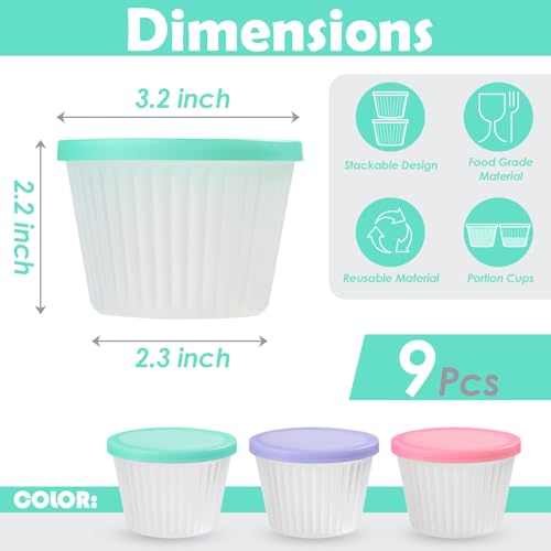 Koluti 4oz Silicone Jello Shot Cups with Lids, Small Clear Portion Souffle Pudding Dessert Cup Set of 9, Airtight and Stackable Condiment Dipping Sauce Food Storage Container, Dishwasher Safe - Image 3
