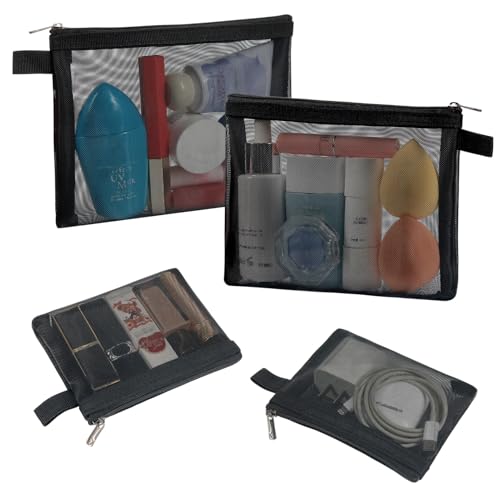 Image of besharppin Mesh Cosmetic Bags, 4pcs Nylon Makeup Pouches with Zipper for Home Office Purse Diaper Bag (Black), Black, Mesh