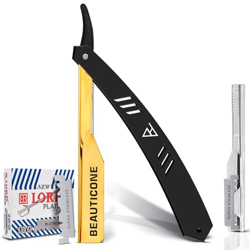 BEAUTICONE Barber Straight Razor for Men, Professional Shavette with Slide-Out Blade Holder, 100 Stainless Steel Blades Included, Cut Throat Razor, Black &amp; Gold