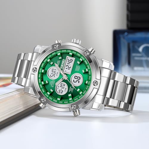 SKMEI Mens Wrist Watch, Waterproof Military Analog Digital Watches with LED Multi Time Chronograph, Stainless Steel Business Watches for Men3