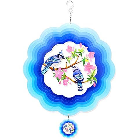 Blue Jay Wind Spinner Hanging, 3D Bird Metal Yard Spinners with Flower Design, 12in Spinning Wind Art Garden Ornaments, Large Stainless Steel Blue Spinfinity Outdoor Decor, Kinetic Wind Catcher Gifts Cover