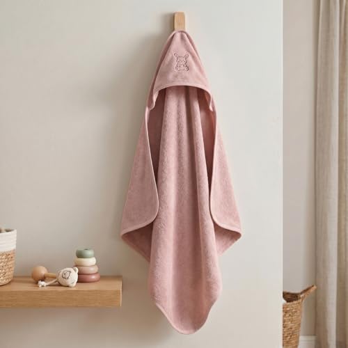 Image of Baby Hooded Towel for Girls (0 - 1.5Years) | Soft Cotton Terry Hooded Towels | Pink Baby Hooded Towel for Newborn & Infant | 70 x 70 cm