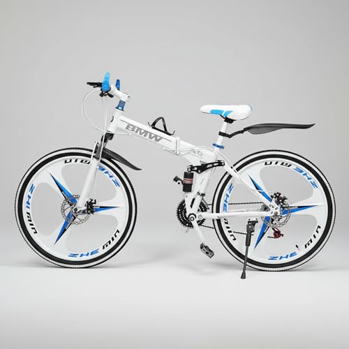 Image of QUESEC BWM Folding Gear Cycle for Adults 26 Inch 21 Speed Mountain Bike with Dual Suspension, Dual Disc Brake, Alloy Wheels, Foldable Bicycle for Boys Girls Daily Commute Fitness Ride - White