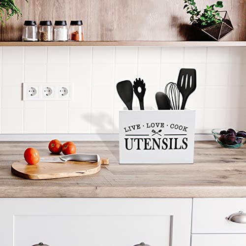 Karisky Kitchen Utensil Holder for Countertop, Farmhouse Solid Wood Utensil Caddy with Removable Bottom, Large 2 Compartments Cooking Utensil Silverware Organizer for Kitchen Counter, White