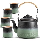 ZENS Vintage Japanese Tea Set with 4 Tea Cups, 33.8 oz Embossed Ceramic Loose Leaf Teapot with Built-in Strainers for Tea Steeper, Hemp Rope Handle Gradient Japanese Tea Pot for Tea Lovers Gifts