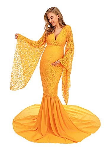 Ziumudy Deep V Neck Lace Maternity Gown For Photography Photo Shoot Flared Sleeve With Long Chiffon Train (Mustard Yellow, Large) #TOP2