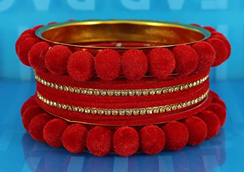 Image of NMII Stylish Metal with Golden Zircon Stone & Velvet Balls Bangles Set For Women and Girls | Fancy Designer Bangles | Short Velvet Chuda Set | Women's Fashion Jewellery