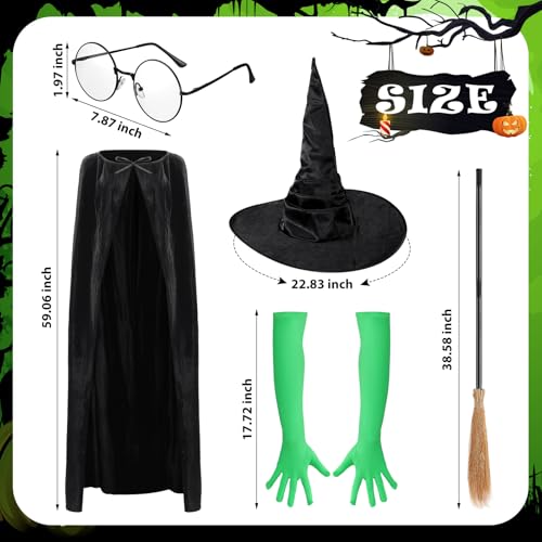 Mepase 5 Pcs Halloween Green Witch Costume Accessories Include Black Cloak Cape Witch Hat Glasses and Broom Gloves for Women Adult Halloween Movie Cosplay Props Role Playing Party Outfits Props by Mepase - Image 2