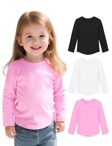 Witwot 3 Pack Toddler Girls Long Sleeve Shirts Crewneck Soft Cotton Tees