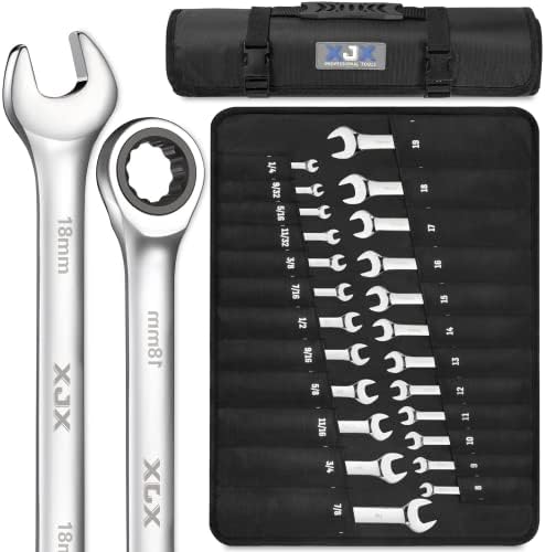 XJX 24PCS Ratcheting Combination Wrench Set | SAE & Metric | 12 Point | 1/4”to 7/8” and 8-19mm | CR-V Steel | Ratchet Wrenches Set with Portable Roll-Up Pouch