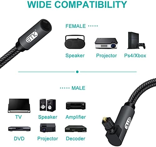 90 Degree Optical Extension Cable Male to Female Coupler Toslink Audio Cable Nylon Braided 24K Gold-Plated Fiber Digital Extension Adapter Cable for Home Theater Sound bar TV PS4 Xbox (Black, 3ft/1M)