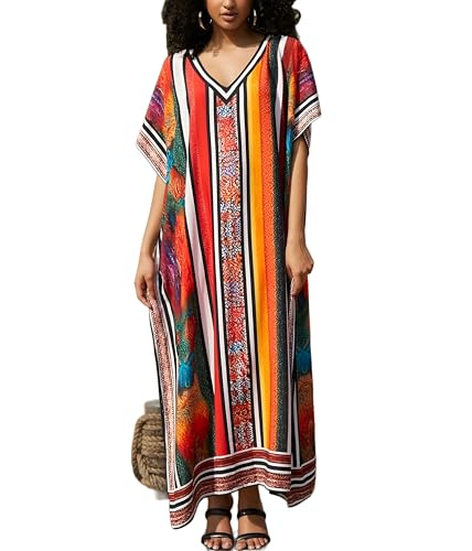 Image of IMAGEKOPE Kaftan Dresses for Women Plus Size Bathing Suit Cover up Vneck Batwing Dress Loose fit Moroccan Caftan mumu Dresses