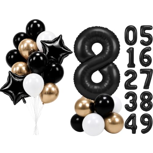 Image of PartyWoo Black Number 8 Balloon 40 Inch 25pcs Black Foil Star White Gold