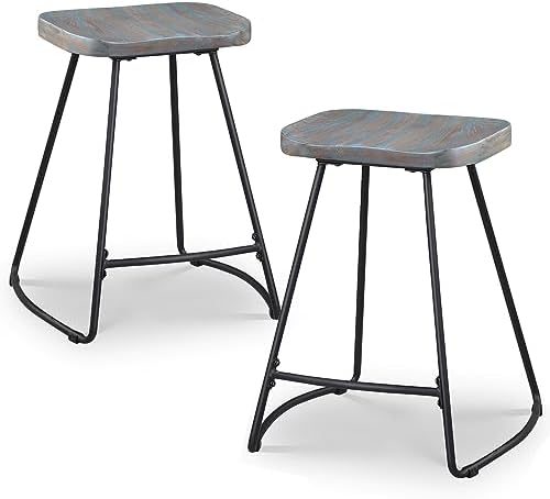 JUBILOOM Wood Bar Stools Set of 2, 24 Inch Counter Height Stools, Saddle Kitchen Bar Stools for Kitchen Island, Industrial, Backless, Rustic, Green Wood Seat, Black Metal, 624PGR