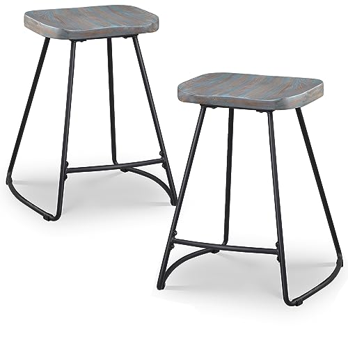Jubiloom Wood Bar Stools Set Of 2, 24 Inch Counter Height Stools, Saddle Kitchen Bar Stools For Kitchen Island, Industrial, Backless, Rustic, Green Wood Seat, Black Metal, 624Pgr #TOP2