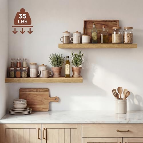 Image of Dreamland 30 Inches Floating Shelves for Wall, 9.3 inch Deep Long Floating Shelves Set of 2, Large Display & Storage Shelf, Wall Shelf for Bathroom Bedroom Living Room Kitchen Office, Oak