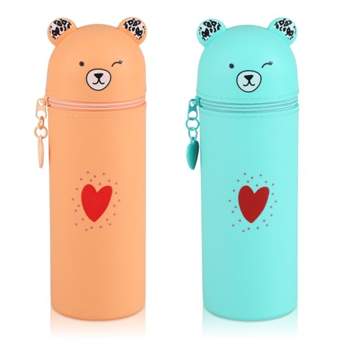 AILUYA 2 Stück Federmäppchen aus Weichem Silikon, 2 In 1 Bär Cartoon Bleistifthalter, 19,5 x 6,3cm Schlampermäppchen und Stifteköcher für Studenten, Jugendliche, Erwachsene (Hellorange, Grün)