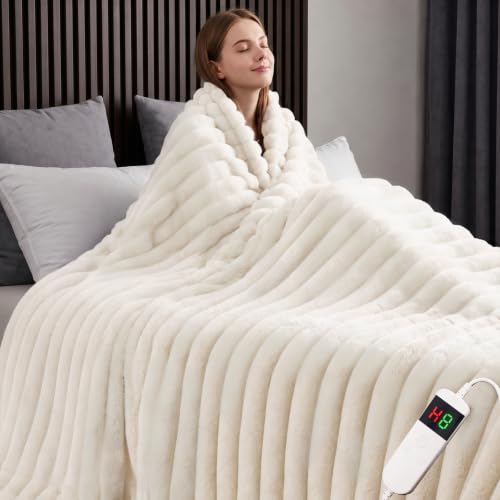Image of Heated Blanket Electric Throw 50″x60 ″Inch - Thick Striped Flannel Electric Blanket,10 Heating Levels, 1-12 Hours Auto Off, Fast Heating Heating Blanket with Overheat Protection.
