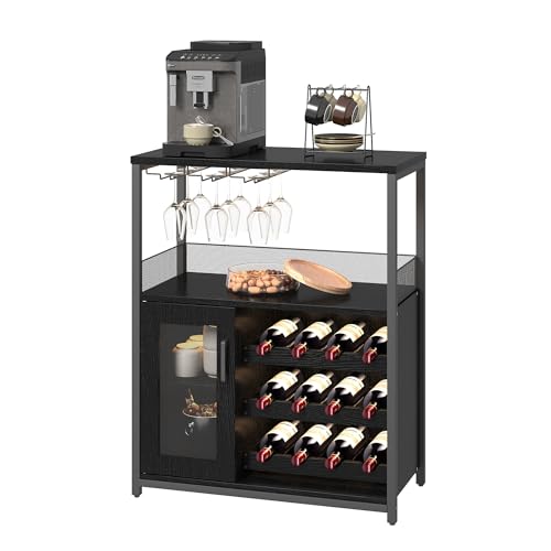 Image of Vintage Industrial Wine Bar Cabinet with Adjustable Wine Racks and Glass Holders, Mesh Door Sideboard Storage Cabinet for Living Room, Kitchen, Dining Room, Compact Design, Easy Assembly,Black