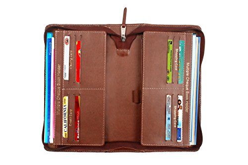 Image of Sukeshcraft Multiple Cheque Book Holder | Original PU Holds Upto 8 Cheque Books, Locker Key Hook, 2 Photo Slots, 1 Pin-Sim Slot, 13 Credit /Debit Card Slots with Matching Zipper (PU -Brown)