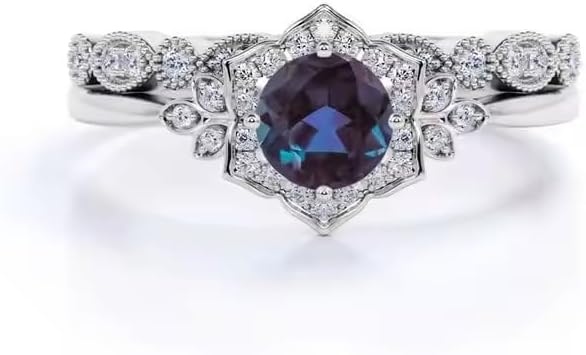 Round Shape Alexandrite With Moissanite Wedding Ring Set Art Deco 2 Piece Color Changing Engagement Ring Set for Women Bridal Promise Ring Set For Women Handmade Ring