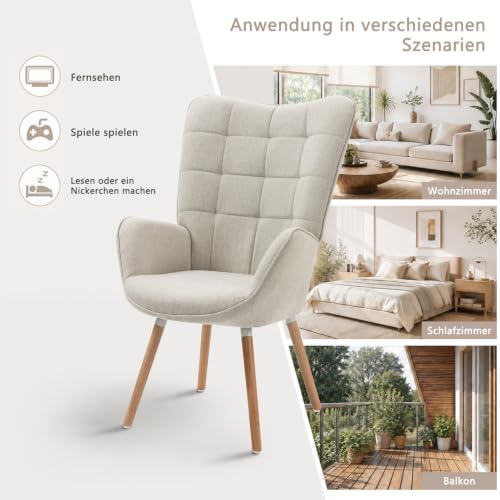 MEUBLE Cosy Sessel Relaxsessel Lehnstühle Polstersessel Einzelsofa mit Holzbein Ohrensessel für Wohnzimmer Schlafzimmer Büro Vanity, Stoff, Beige