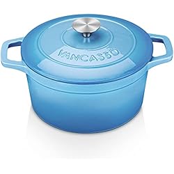 Olla Hierro Fundido 24 Cm vancasso Ollas de Hierro Fundido 24 cm, 4 Litros Redonda Cacerola de Hierro Fundido con Tapa, Horno Holandés Fundido Hierro Esmaltado para Cocina Estofado, Paella, Freír, Asar, Saltear - Azul