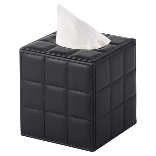 XNONE Tissue Box Cover Square Tissue Box Holder PU Leather Facial Organizer with Magnetic Bottom,Decorative Napkin Caddy for Vanity Dresser Night Stand Table Countertop Home Office Car,Black