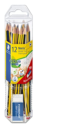 Staedtler Noris 61 120 P1. Lápices de madera certificada. Paquete con 12 lápices 2HB y una goma de borrar.