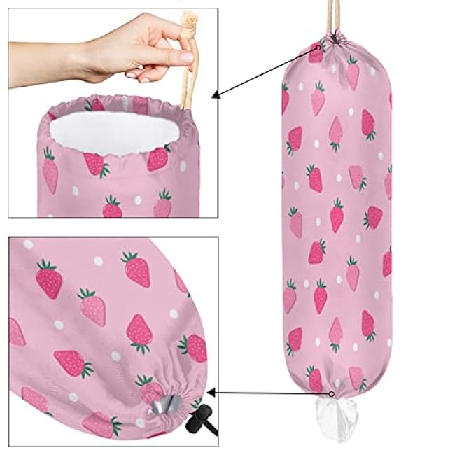 Strawberry Pink Patterns Plastic Bag Holder Cute Wall Mount Plastic Bag Organizer Reusable Large Grocery Bag Storage Dispenser for Home Kitchen Travelling 22x9