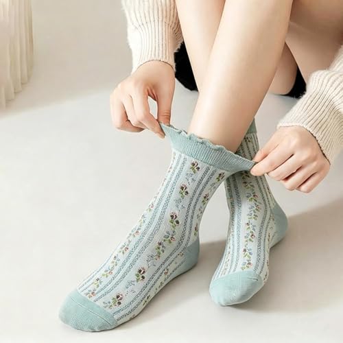 Image of DXYAKY 5 Pairs Womens Floral Cotton Socks Vintage Patterned Crew Socks Novelty Ankle Ruffled Warm Casual Dress Socks