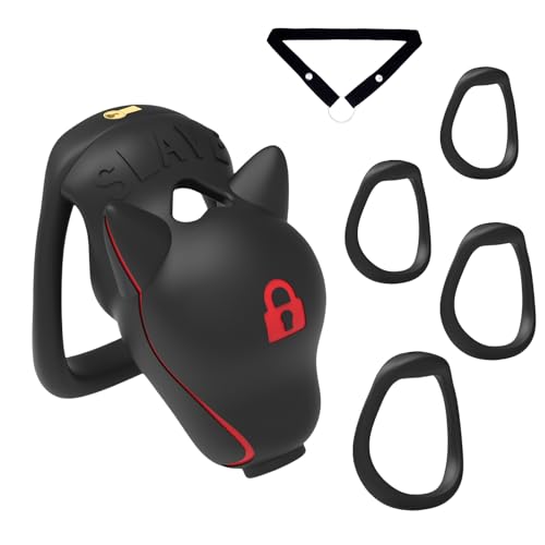 Chastity Cage Hundekopf Design für Männer mit 4 Ringen und Schloss Nylon Keuschheitskäfig mit Urinloch Belüftet Leicht BDSM Käfig (Black+belt)