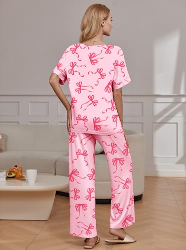 Image of Ekouaer Pajama Sets for Women 2 Piece Lounge Set Short Sleeve Tops and Long Pants Soft Comfy Pjs Sleepwear Outfits S-XXL