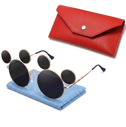 XJHAOER Mouse Ears Sunglasses for Women Men Retro Black Round Sun Glasses UV Protection Glasses for Cosplay Party Eyewear (Gold)