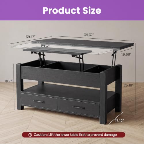 DUMOS 39.4" Convertible Lift Top Coffee Table, 4 in 1 Multifunctional Table - Image 3