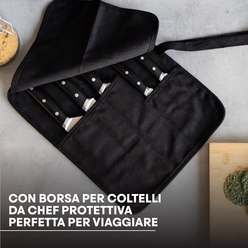 MasterChef Set Coltelli da Cucina Professionali con Borsa Coltelli Chef, Set di Coltelli da Chef, Santoku, Tritatutto, da Ufficio e per Verdure, Acciaio Inossidabile ad Alto Carbonio, 5 Pezzi - immagine 4