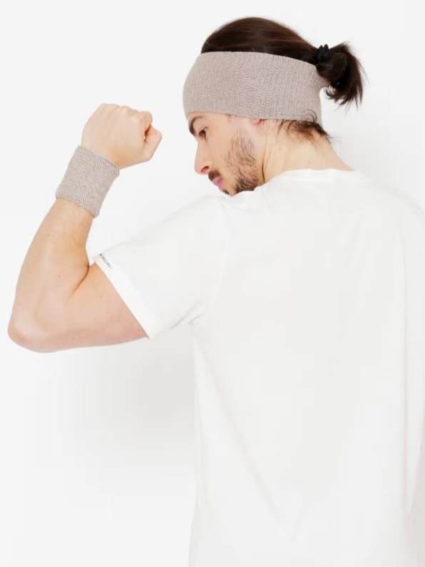 KinderTales® Sports Set Running Gym Yoga Unisex Cotton Headband and Wristbands | Non-Slip Sweatband Set for Men & Women | Breathable Stretchable Natural Fabric Sweatbands (Pack of 3)