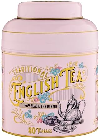 New English Teas Vintage Victorian Tea Tin with 80 Black Tea Bags - Pink