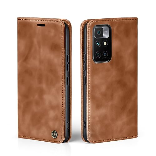 LBH Handyhülle für Xiaomi Redmi 10 in Hellbraun mit Karten- und Geldfach Smartphone Hülle mit Standfunktion Flip Case Schutzhülle Magnetverschluss Vintage