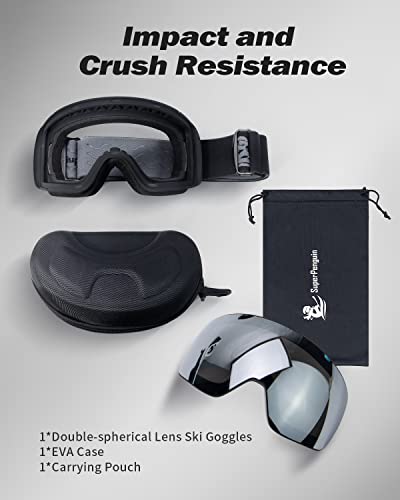 Super Penguin Ski Goggles For Men Women - Snowboard Goggles With Double Spherical Magnetic Interchangeable Lens - Otg Design Snow Goggles Anti-Fog Uv Protection, Vlt 5% Silver Lens Black Frame #TOP6